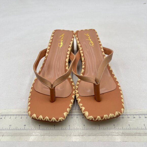 XYD Light Tan Open Toe Woven Flip Flops Summer Chunky Low Heel Thong Sandals - Picture 3 of 8